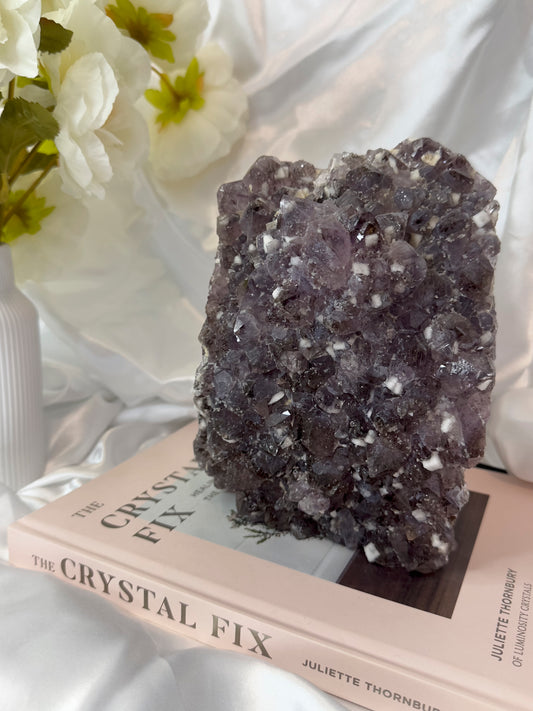 RARE Amethyst Cluster Lamp with Cubic Sugary Calcite and Cacoxenite Inclusions