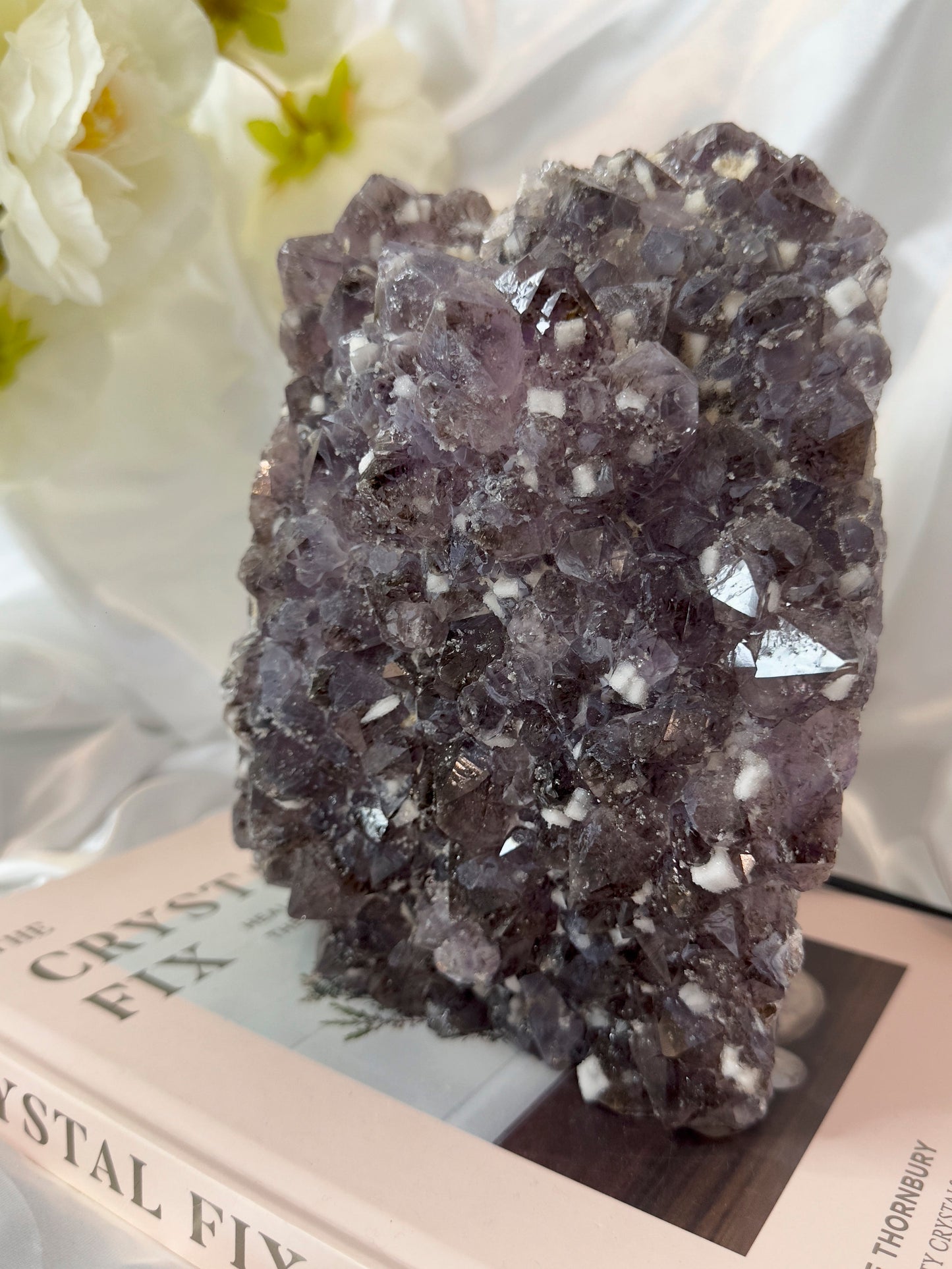 RARE Amethyst Cluster Lamp with Cubic Sugary Calcite and Cacoxenite Inclusions