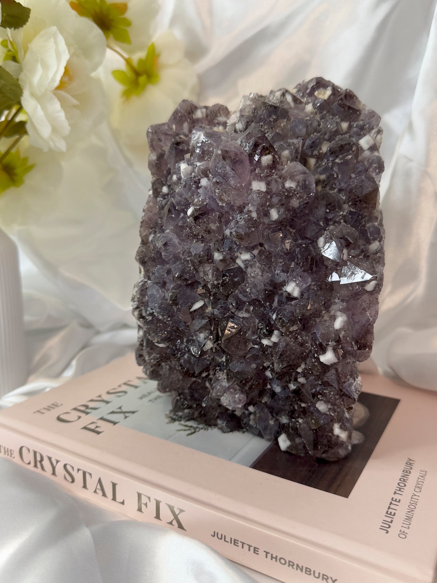 RARE Amethyst Cluster Lamp with Cubic Sugary Calcite and Cacoxenite Inclusions