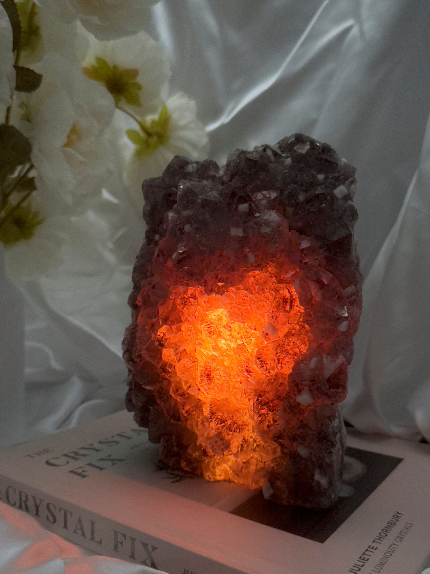 RARE Amethyst Cluster Lamp with Cubic Sugary Calcite and Cacoxenite Inclusions