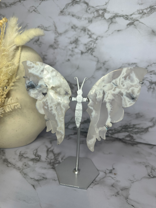 Dendritic Agate Butterfly Wings on a Stand