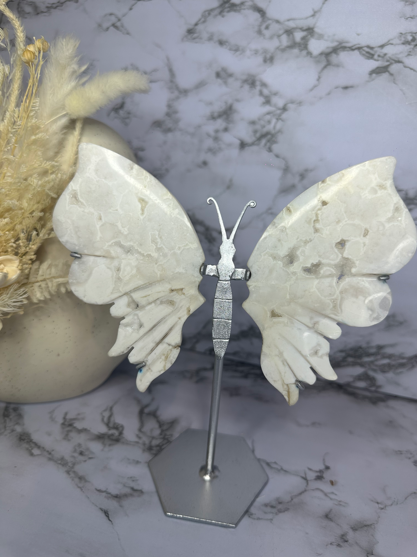 Snow Agate Butterfly Wings on a Stand