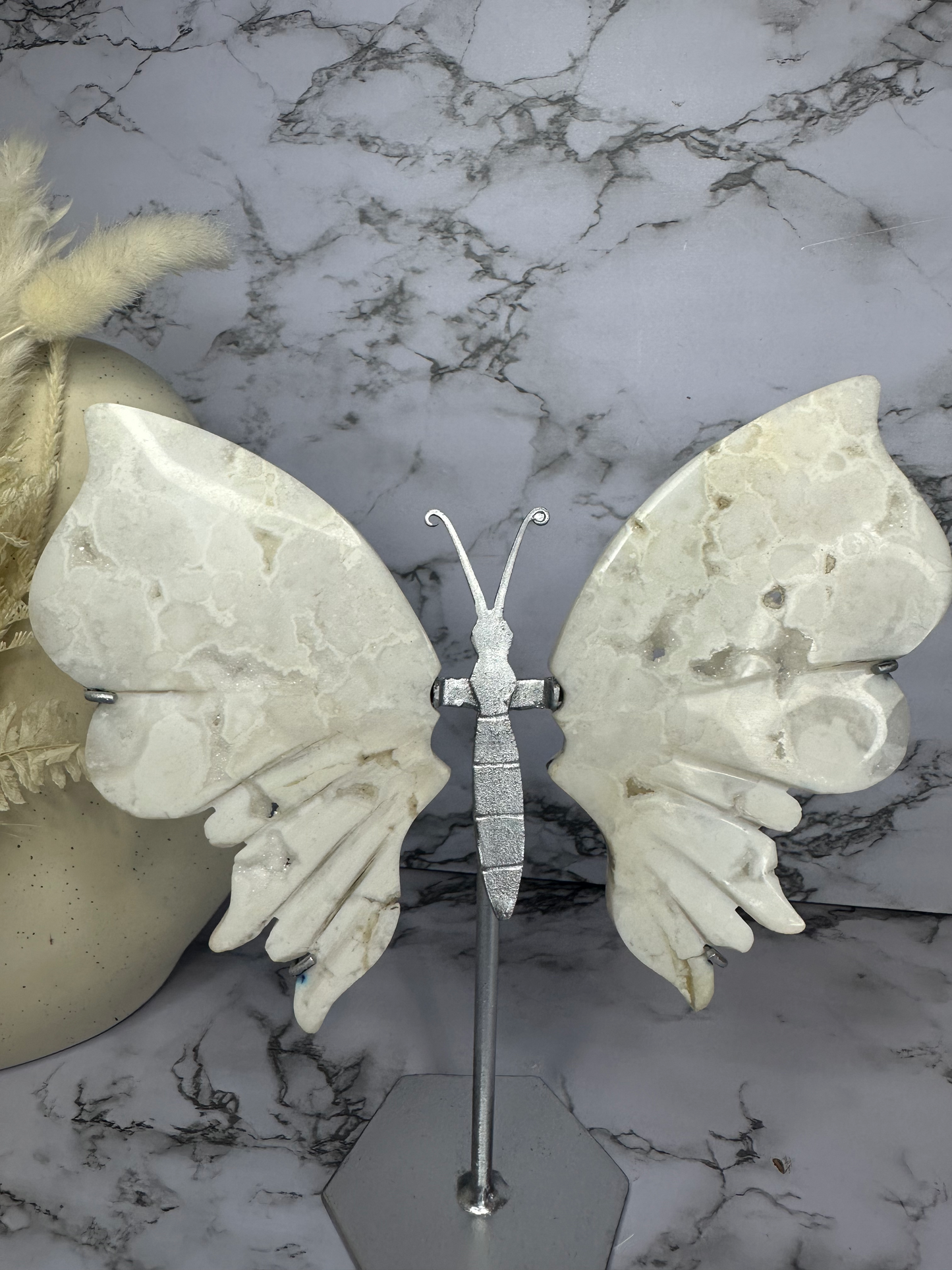 Snow Agate Butterfly Wings on a Stand