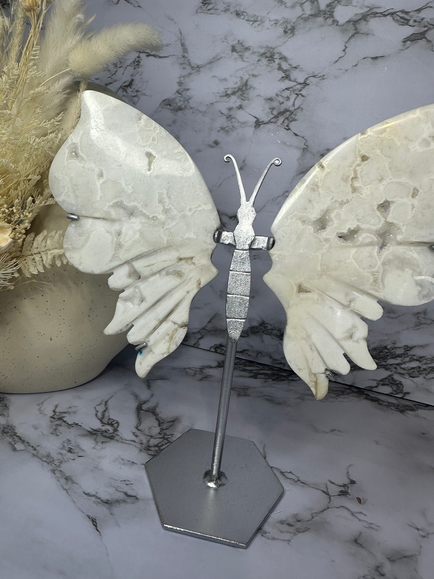 Snow Agate Butterfly Wings on a Stand