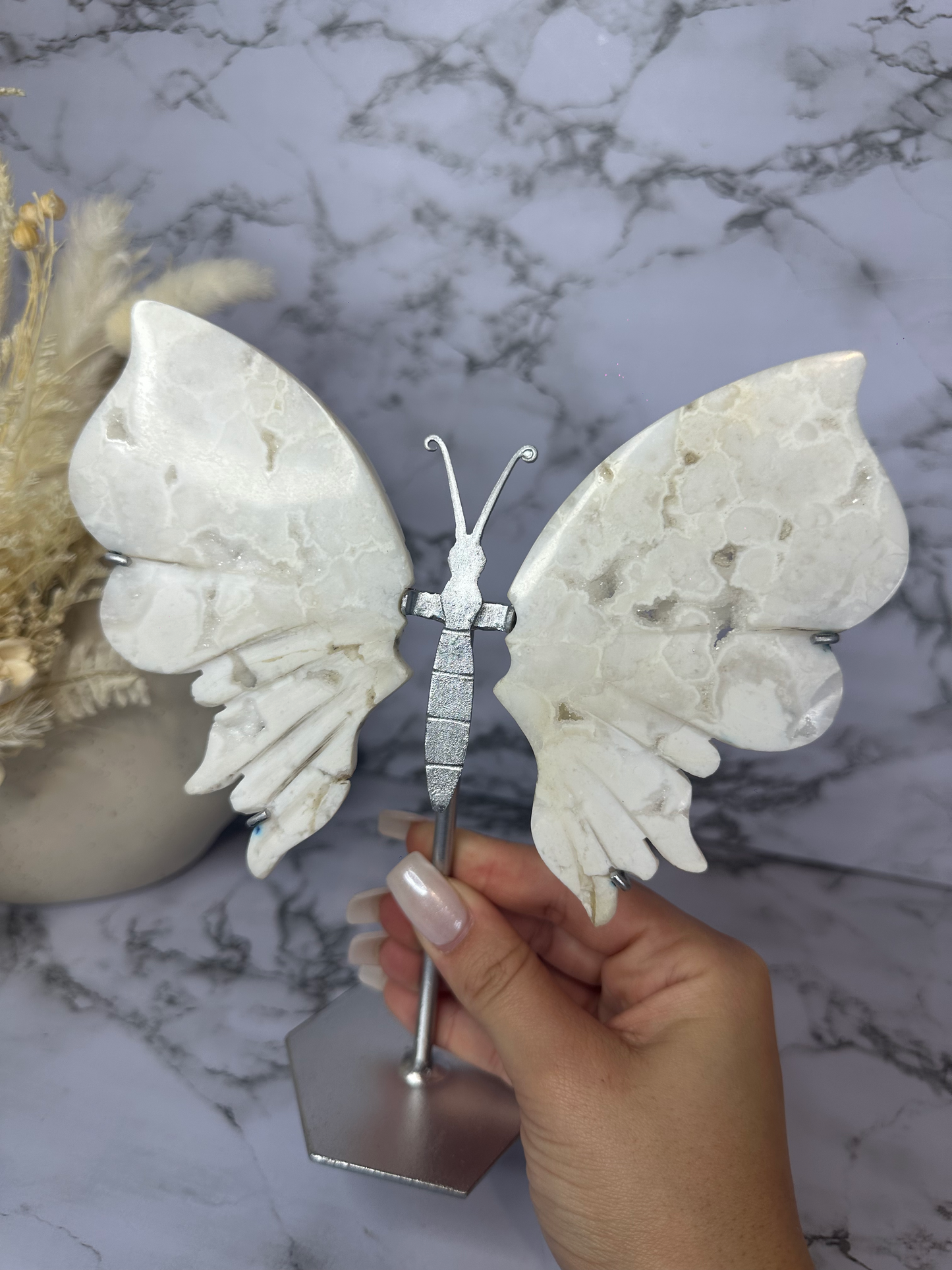 Snow Agate Butterfly Wings on a Stand