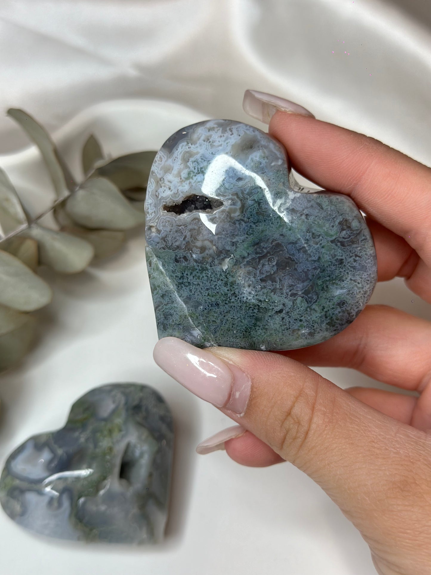 Moss Agate Druzy Heart Carving