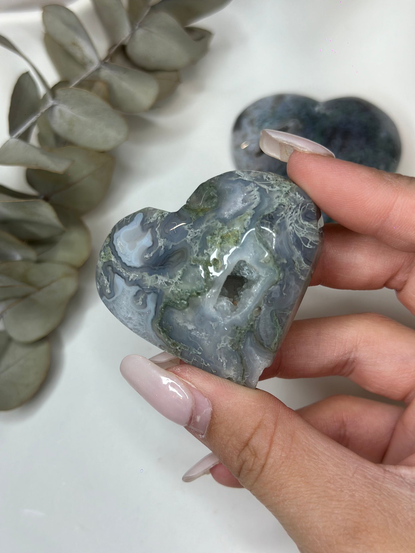 Moss Agate Druzy Heart Carving