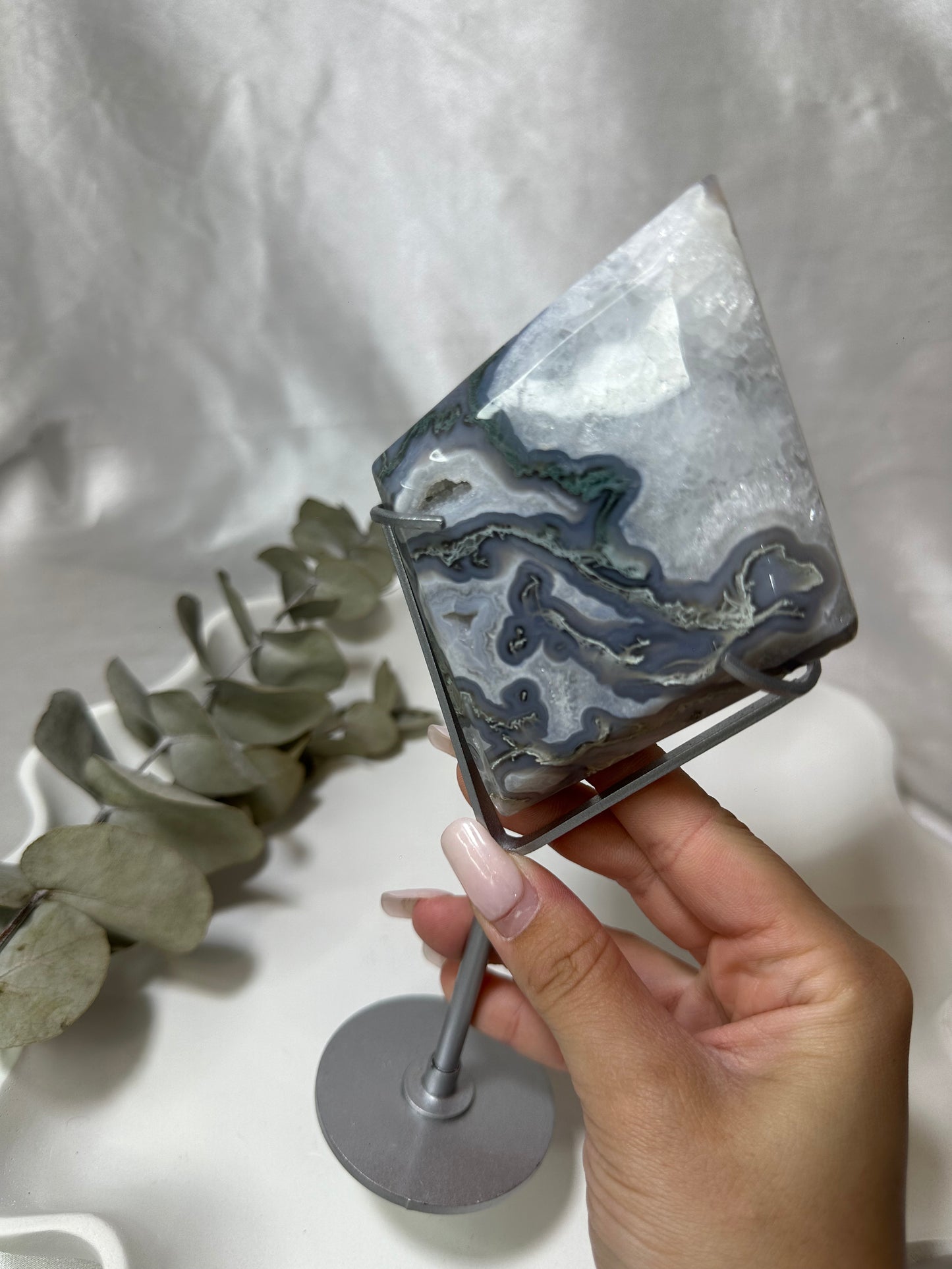 Moss Agate Rhombus on a Stand