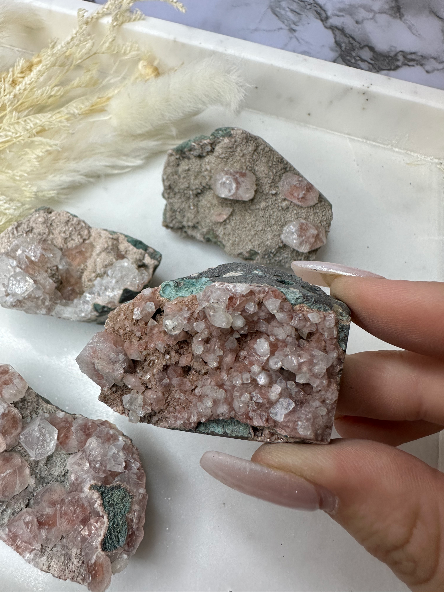 RARE AAA Grade Apophyllite on Pink & Red Heulandite (Sml)