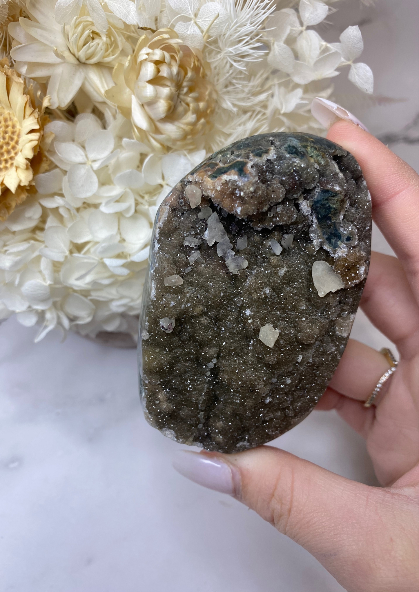 Black Amethyst Cluster Freeform with Calcite Inclusions