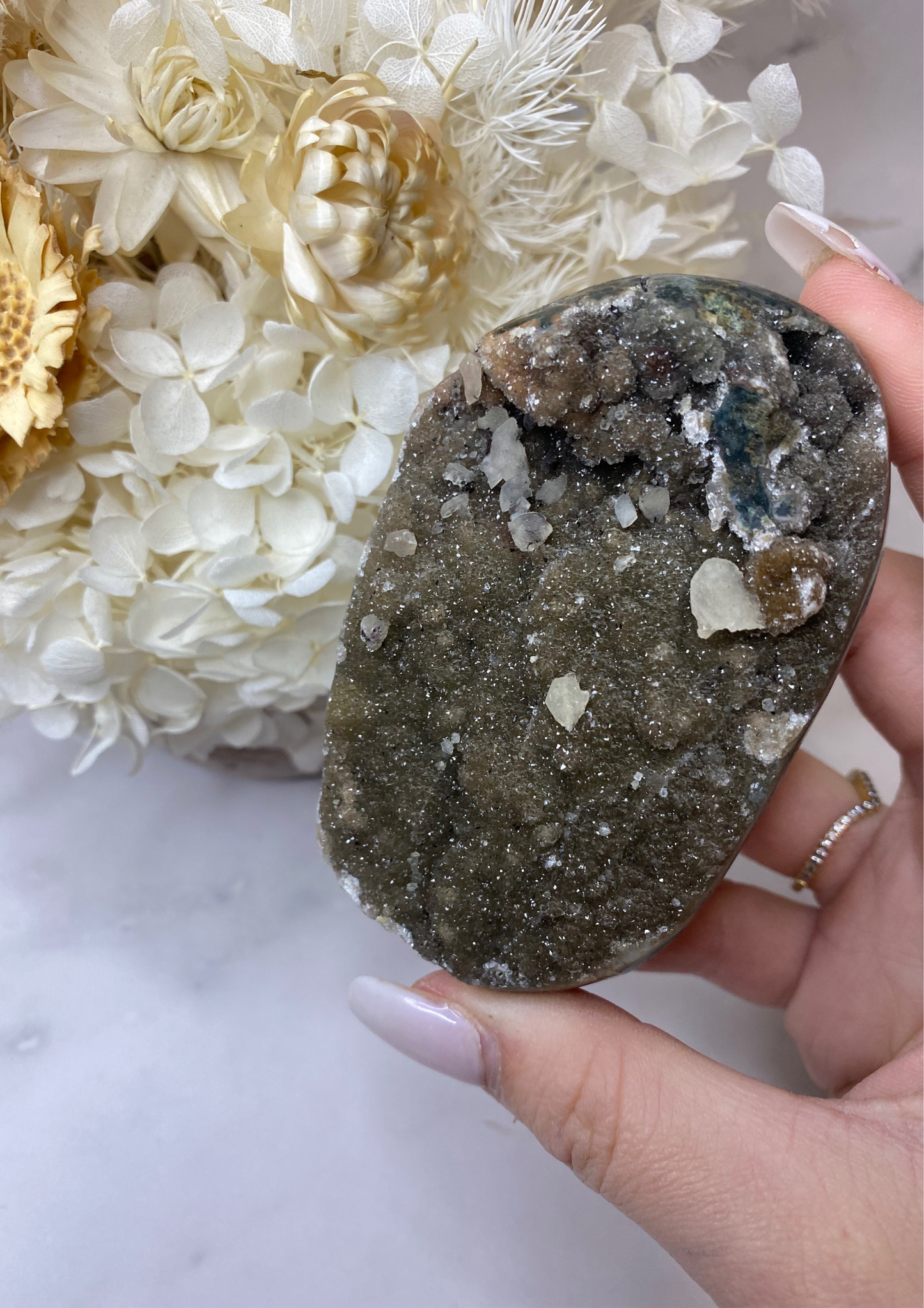 Black Amethyst Cluster Freeform with Calcite Inclusions