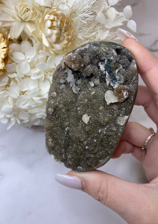 Black Amethyst Cluster Freeform with Calcite Inclusions