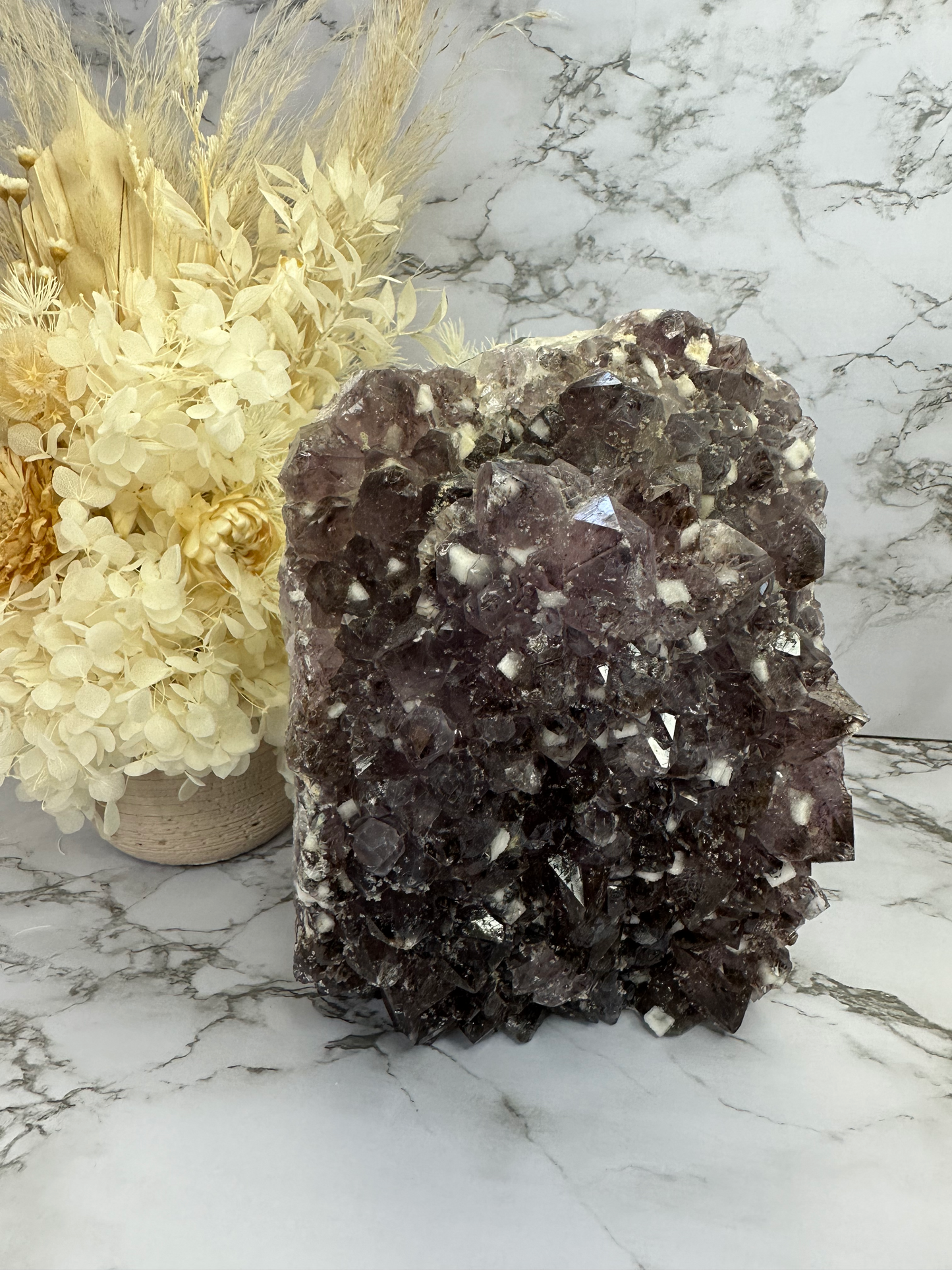 RARE Amethyst Cluster Lamp with Cubic Sugary Calcite and Cacoxenite Inclusions