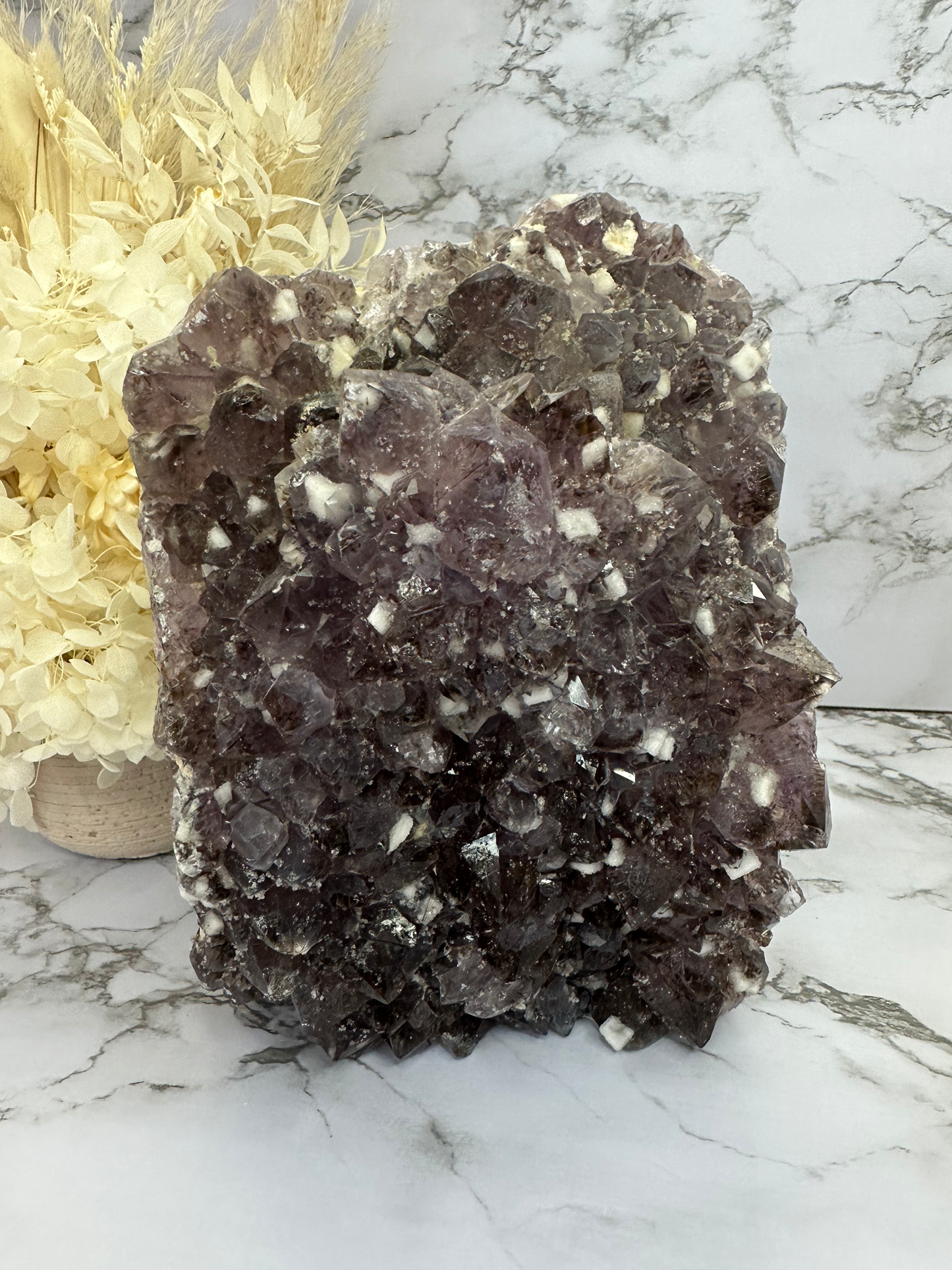 RARE Amethyst Cluster Lamp with Cubic Sugary Calcite and Cacoxenite Inclusions