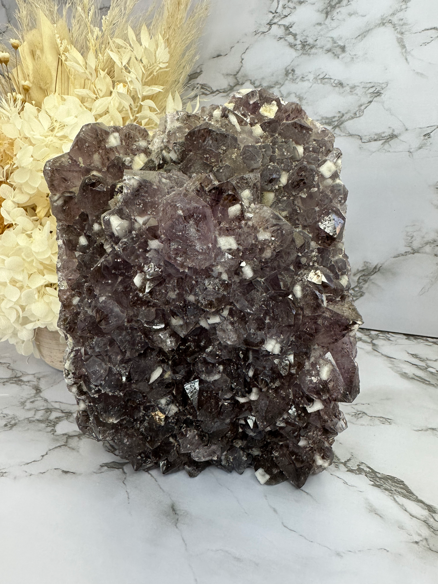 RARE Amethyst Cluster Lamp with Cubic Sugary Calcite and Cacoxenite Inclusions