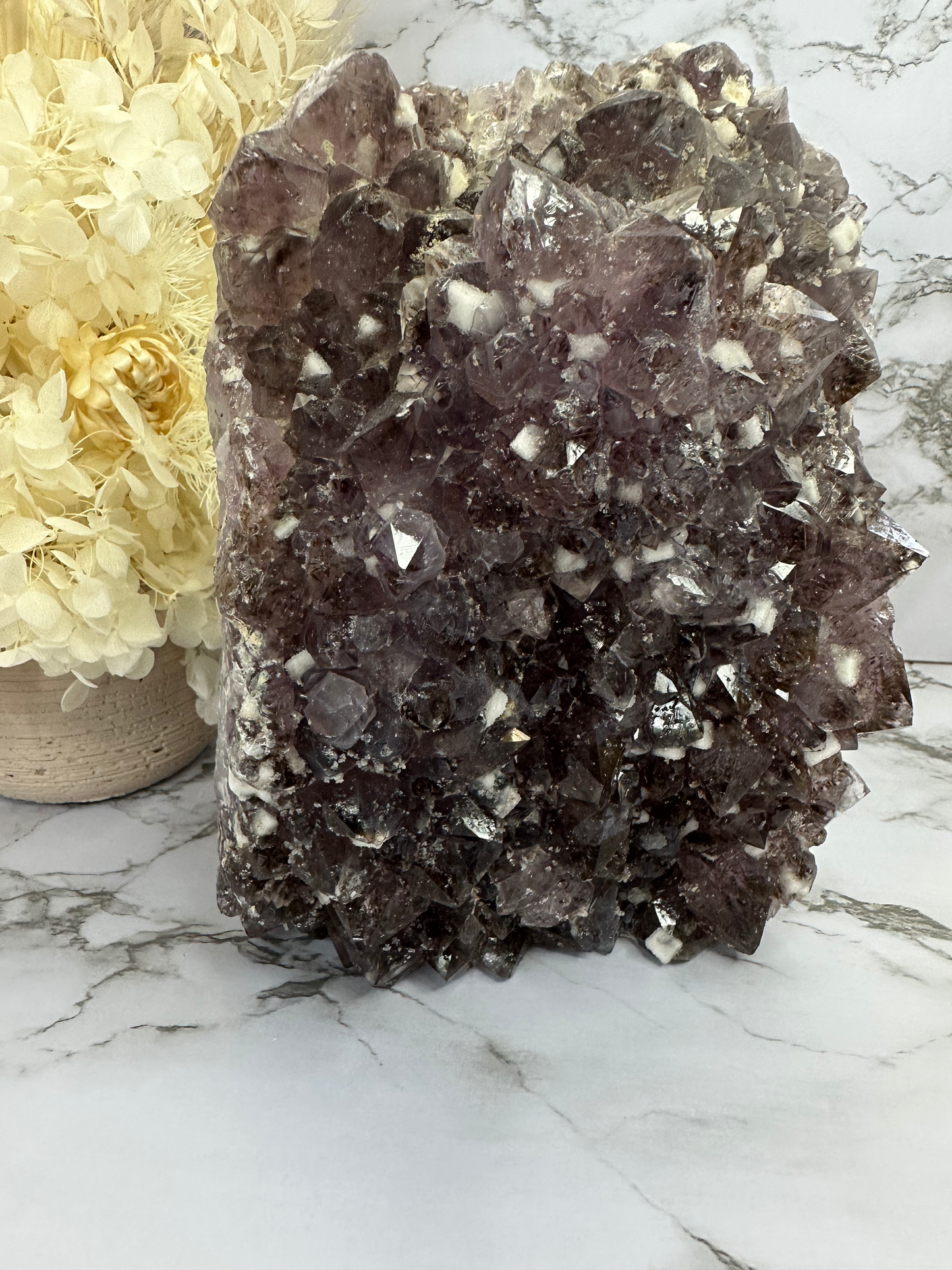 RARE Amethyst Cluster Lamp with Cubic Sugary Calcite and Cacoxenite Inclusions