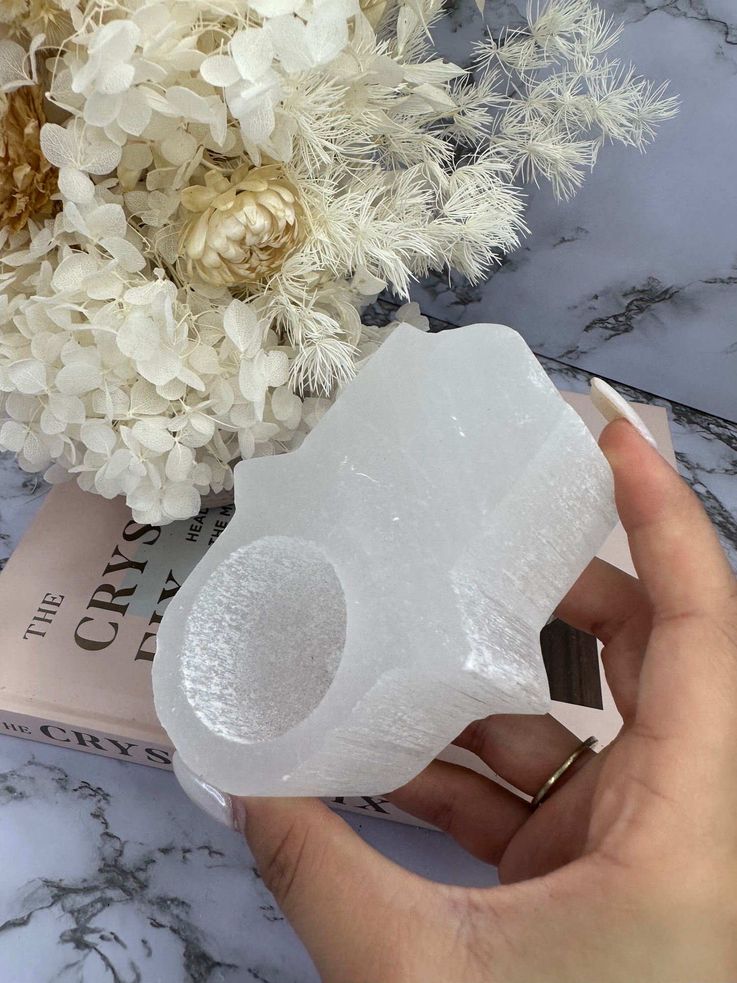 Selenite Hamsa Hand Candle Holder